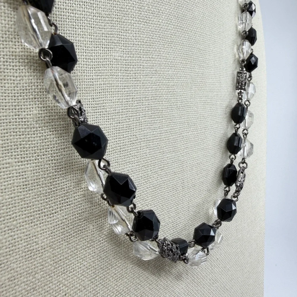 Black Clear Faceted Bead Double Strand Necklace Gunmetal Gothic Statement Gift